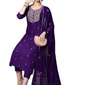 women’s cotton blend embroidered kurta set with pant & dupatta – straight calf‑length, 3/4 sleeve, round neck – elegant ethnic attire