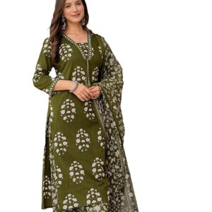women's pure cotton printed straight kurta set with palazzo pants & dupatta ethnic wear, green